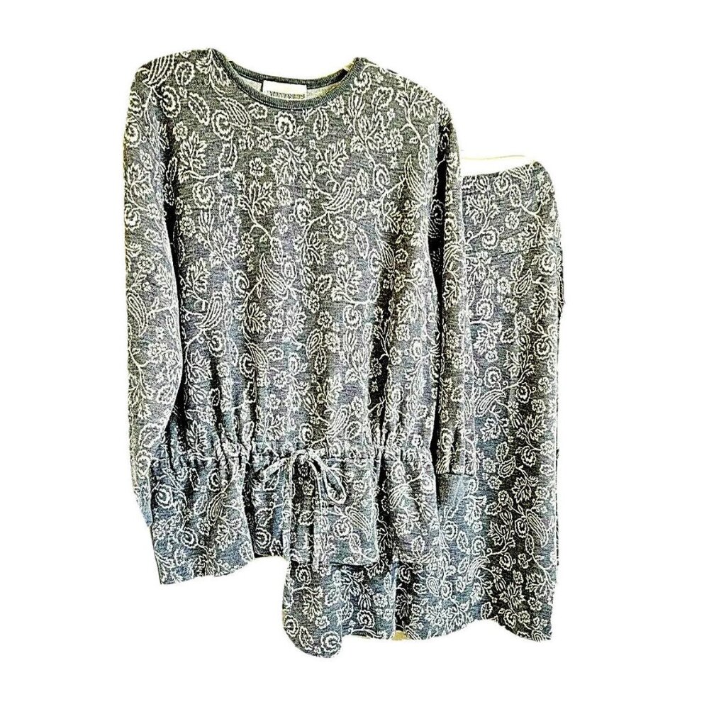 Kathy Daniels Knit Floral Top Skirt Set Size L Drawstring Waist Gray Long Sleeve